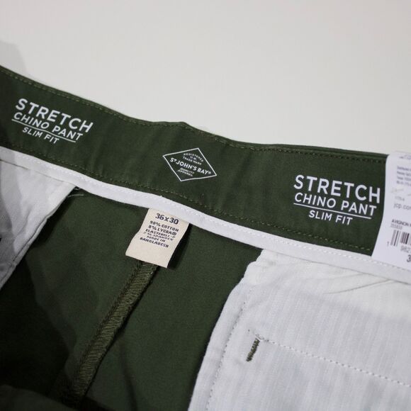 NWT St. John's Bay Stretch Chino Slim Fit Flat Front Pant Army Green Men 36x30 - Picture 7 of 11